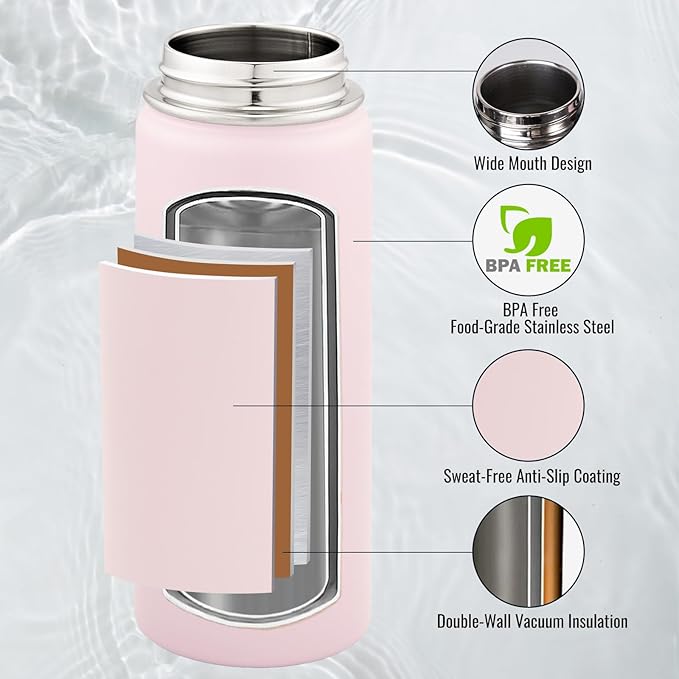 24 oz Insulated Water Bottle with Handle, 304 Stainless Steel Water Bottles with Wide Mouth, Double Wall Vacuum Sports Water Bottle, BPA Free, Keep Cold and Hot, Pink