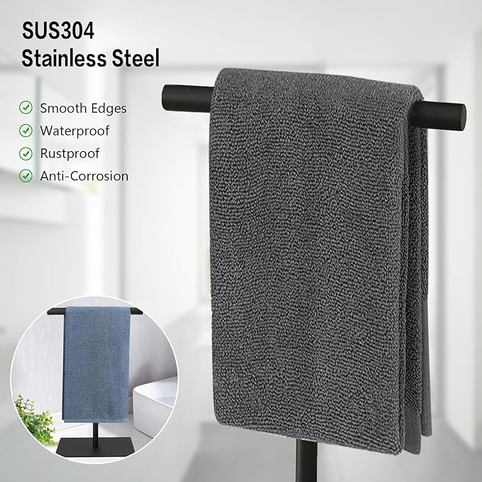 Towel Racks Hand Towel Stand, Countertop T-Shape Stainless Steel Free Towel Rack Stand Storage for Table, Black Towel Ladder Hanger Bar Drying with Heavy Base for Bathroom Kitchen, Bathroom Decor