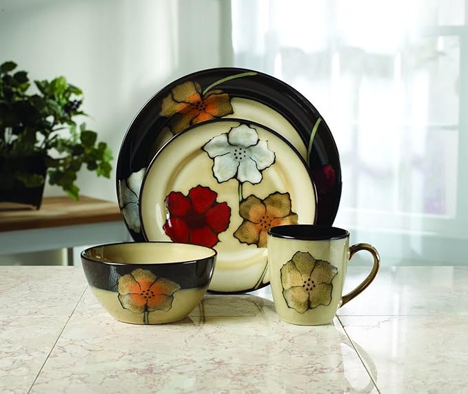 Pfaltzgraff Painted Poppies 16-Piece Stoneware Dinnerware Set, Service for 4, Dinner Plates, Salad Plates, Bowls and Mugs, Dishwasher and Microwave Safe