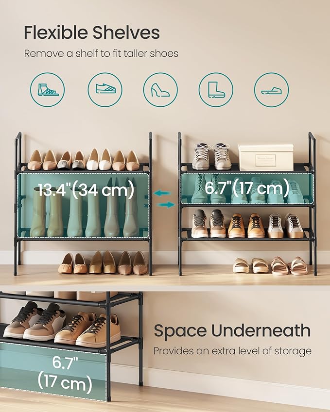 SONGMICS 3-Tier Shoe Rack, Shoe Storage for Hallway Closet, Slim and Space-Saving, Metal Frame, Non-Woven Fabric Shelves, Black ULSH043BH01