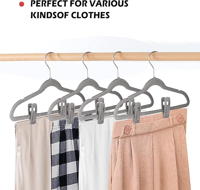 Tinfol Gray Velvet Hanger Clips, 80 Pack Pants Velvet Clips, Large Opening Clothes Pin Hanger Clip, Strong Finger Flocked Clip Perfect for Slim-line Clothes Velvet Hangers