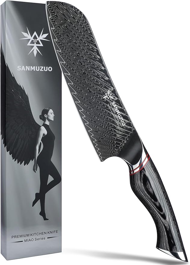 SANMUZUO 7 Inch Meat Cleaver Knife - Chinese Kitchen Vegetable Cleaver - Black Damascus Steel with Ergonomic Handle - MIAO Series