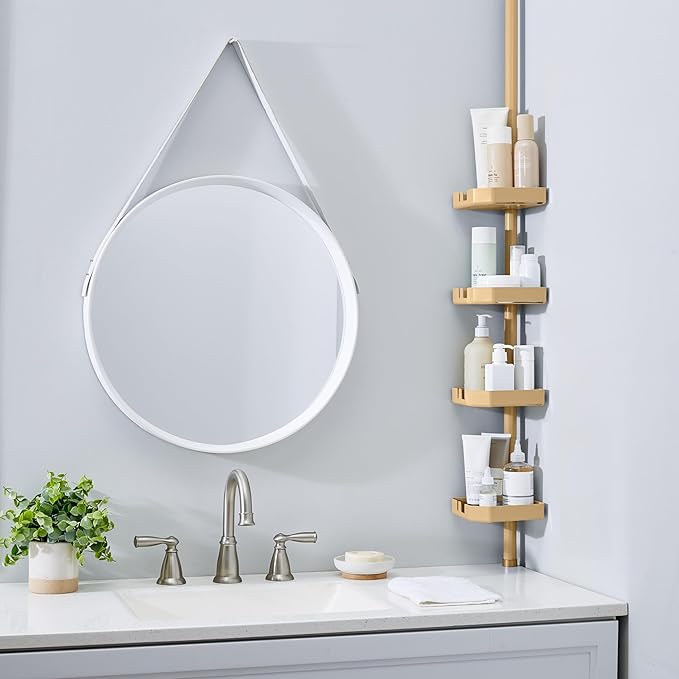Bath Bliss 4 Tier Tensions Corner Shower Caddy | Shelves | Adjustable 48“-101” | Bathroom Organizer | Bathtub and Shower Stall | Holds Large Bottles | Soap | Shampoo | Washcloths | Gold