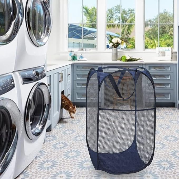 BATTOO Deluxe Strong Mesh Pop up Laundry Hamper Basket with Side Pocket Foldable Hamper for Laundry Room, Bathroom, Kids Room, College Dorm or Travel Navy + Navy