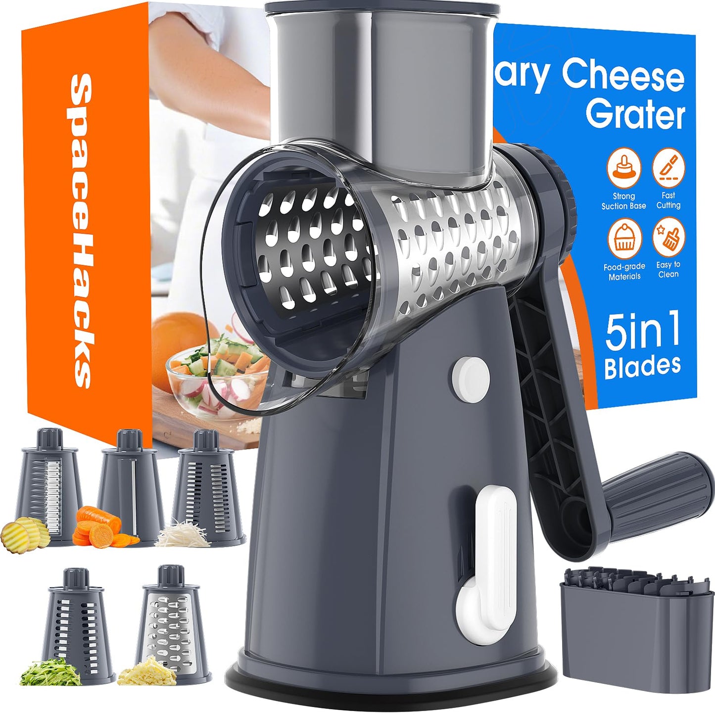 Rotary Cheese Grater Hand Crank, 5-in-1 Vegetable Chopper Spiralizer Slicer