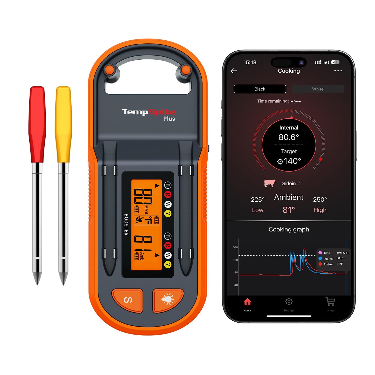 TempPro TempSpike 600ft Wireless Meat Thermometer with 2 Color-Coded Probes
