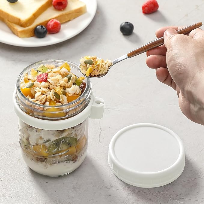 6 Pack Overnight Oats Containers with Lids and Spoons, 16 oz Glass Mason Overnight Oats Jars, Large Capacity Airtight Jars for Milk, Cereal, Fruit(White)