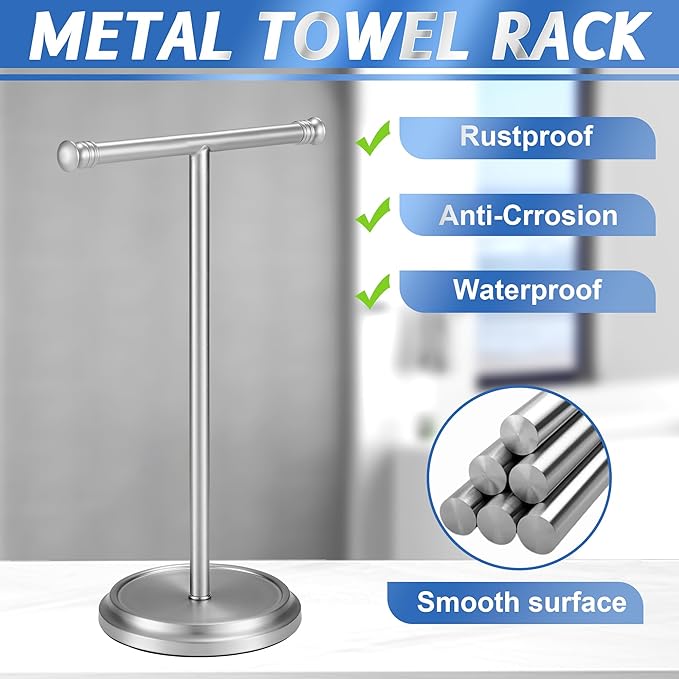 Hand Towel Holder Stand, Stainless Steel Free Standing Towel Rack Stand, Rust-Proof Towel Bar for Bathroom Kitchen Countertop, Brushed Nickel, 2 Pack