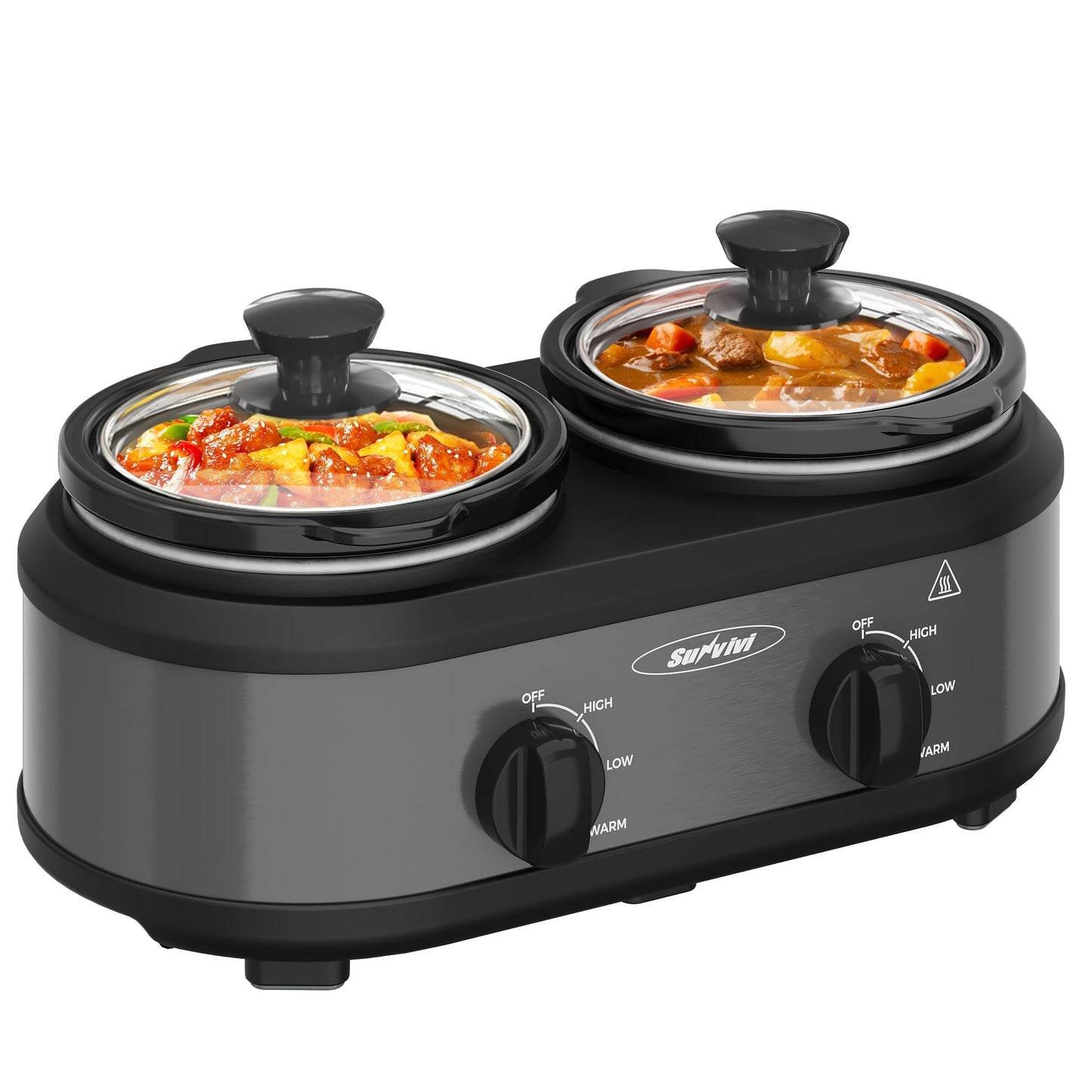 Sunvivi Double Slow Cooker,2 Pot Small Mini Crock Buffet Servers and Warmer,Dual Pot Oval Manual Slow Cooker with Adjustable Temp Removable Ceramic Pot,Stainless Steel, Total 2.5 Quarts Red