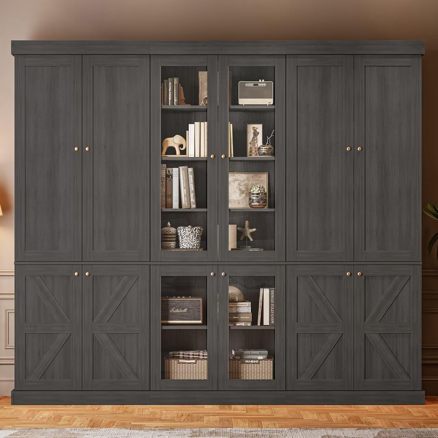 ivaniti 70.8" Tall Bookshelf with Doors, Farmhouse Modular Bookcase with 4-Tier Adjustable Shelves, Large Storage Cabinet for Home Office, Living Room, Brown, Set of 2