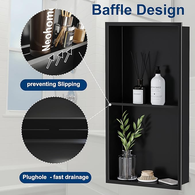 Neodrain No Tile Shower Niche Insert Tile Ready, Black Recessed Wall Niche for Shower Organizer(Inner Size 12"x24") - Stainless Steel Built-in Bathroom Shelf, No Tile Needed, Matte Black