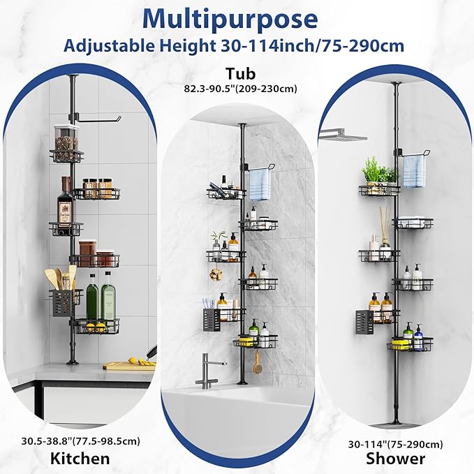 Corner Shower Caddy Organizer Tension Pole, Adjustable 6 Shower Shelves Corner Shelf 30-120Inch Rustproof Shower Rack for Inside Shower, Extra Towel Bar Soap Dish Bathroom Organizers and Storage Black
