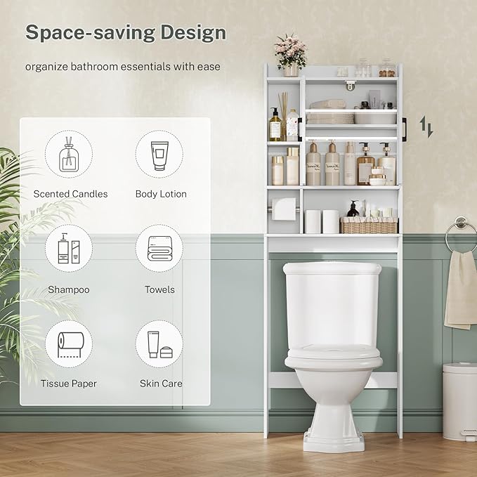 TEENFON Over The Toilet Storage Cabinet with 4 Open Shelves and Adjustable Shelf, Extra Tall Bathroom Organizer Unit with 2 Barn Doors, Home Space Saver for Bathroom, Laundry Room, White