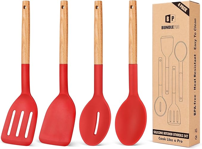 Pack of 4 Silicone Cooking Utensils Set, Non Stick Solid Spatulas and Heat Resistant Slotted Spoons with Wooden Handle, Ideal Wood Kitchen Utensils Set for Frying,Serving,Turning,Stirring (PINK)