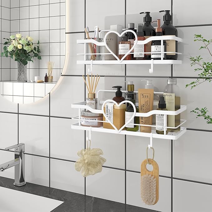 White Shower Caddy with 4 Removable Hooks, 2 Pack Sweet Heart Shower Shelves,No Drilling Adhesive Organizer Shelf for Bathroom Shower,Kitchen,Bedroom