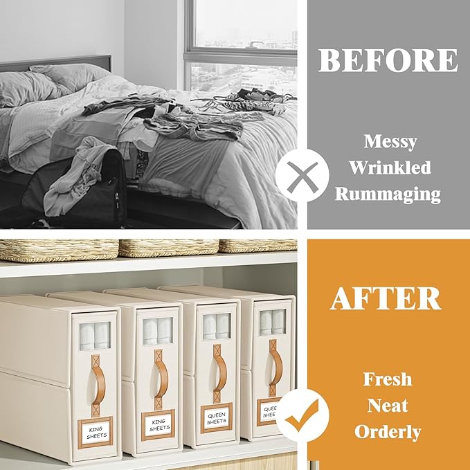 4 Pack Foldable Bed Sheets Set Organizers and Storage(King & Queen Size),Linen Fabric Closet Organizers with Window,Folding Bedding Storage Box for Bedsheets and Pillow Cube Organizer-Beige