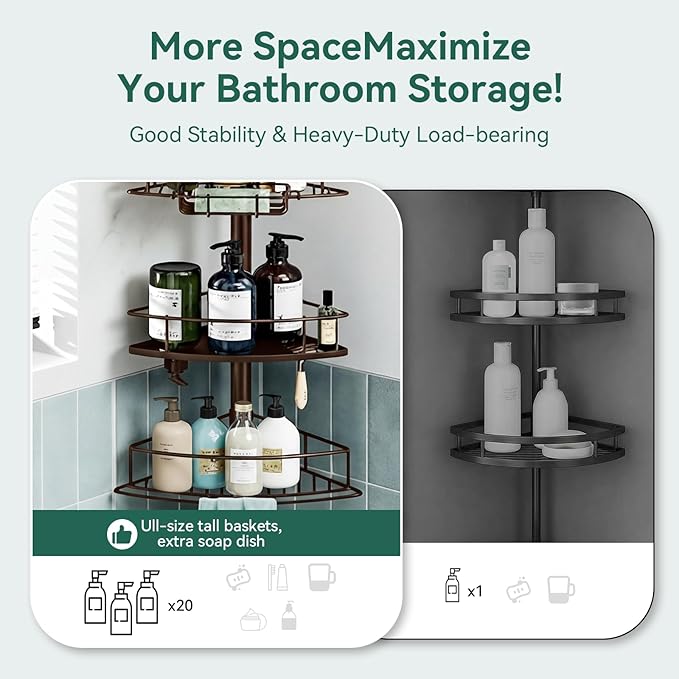 Corner Shower Caddy Tension Pole, 4 Tier Rustproof Shower Tension Rod Organizer, Adjustable 25-125 Inch Bathroom Shower Organizer Shelves for Bathtub Shampoo Storage, Brown