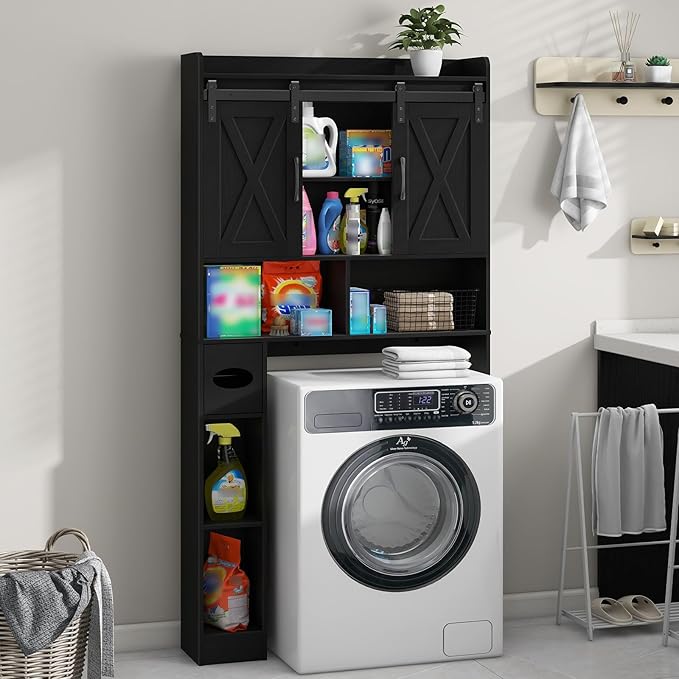 Vabches Over The Toilet Storage Cabinet, Farmhouse Storage Cabinet Over Toilet with Sliding Doors & Toilet Paper Holder Stand，Home Space-Saving Toilet Rack, for Bathroom, Laundry and Restroom.Black
