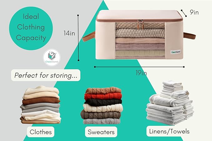 Canvas Storage Bags Designer Organizer for Clothing 2 Pack – Clothes Organizers for sweaters, clothing, garment, bedding, quilt, linens, large bag with zip & window, mothproof