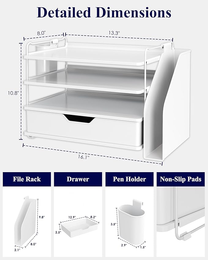 Kitsure Desk Organizer - 4-Tier Office Desk Accessories with Drawer ＆ Pen Holder, Tool-Free Assembly Organizer with Non-Slip Pads, for Office Supplies Storage, Plastic, 13.3" x 8.0" x 10.8", White