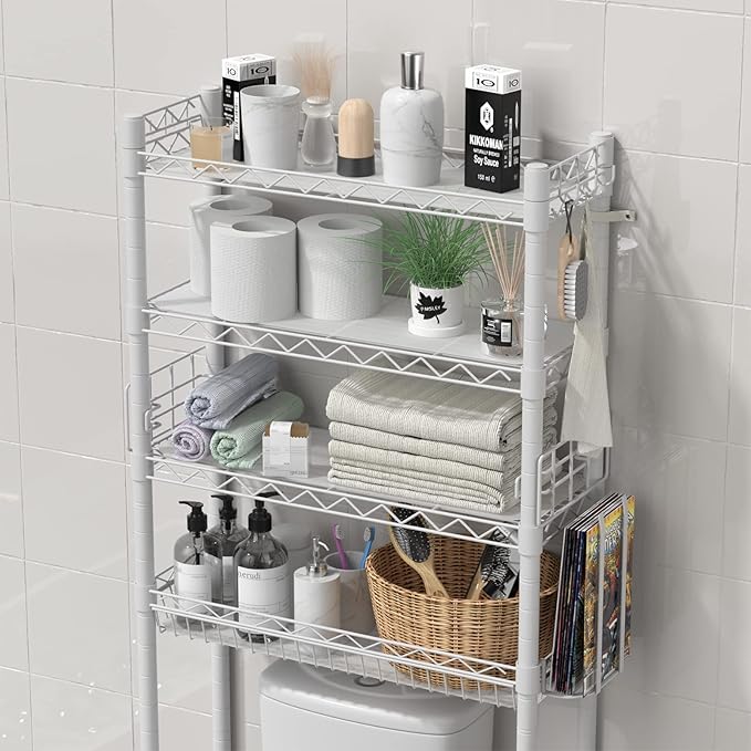 Over The Toilet Storage, Adjustable Bathroom Organizer Shelves Space Saver Over Toilet, Sturdy 4 Tier Above Toilet Storage Rack, Freestanding Over-The-Toilet Storage Shelf, White