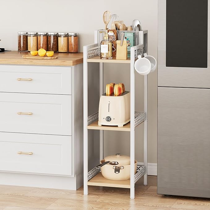 Slim Bathroom Storage Shelf Unit, 3 Tier Corner Storage, Rustic Makeup Organizer, Space-Saving Floor Standing Storage Shelves for Bathroom, Vanity,Kitchen, Laundry 9.85im Matte White