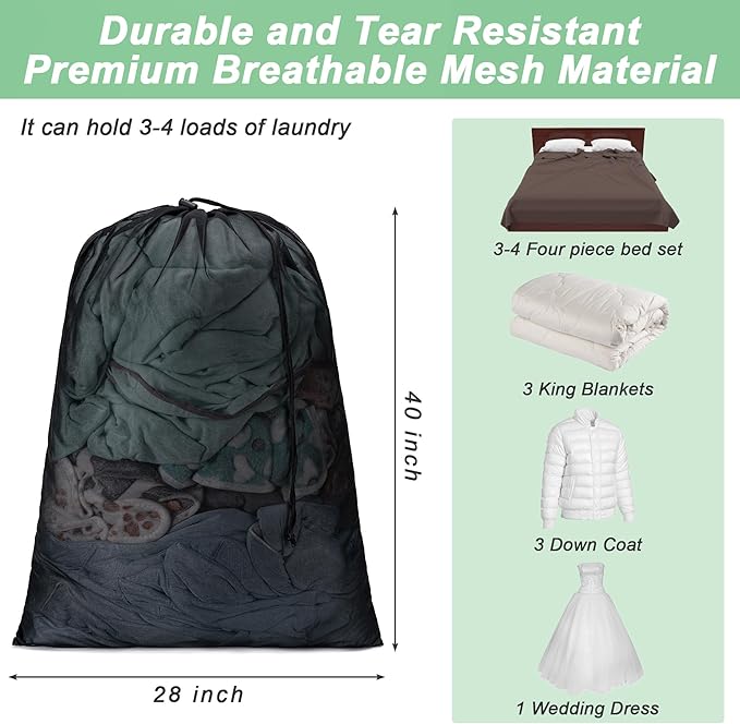 2 Pack Mesh Laundry Bags,Machine Washable Dirty Clothes Organizer with Drawstring and ID Tag, Large Laundry Hamper Liner Enough to Laundry Essentials for Travel, Sports（28" x 40",White)