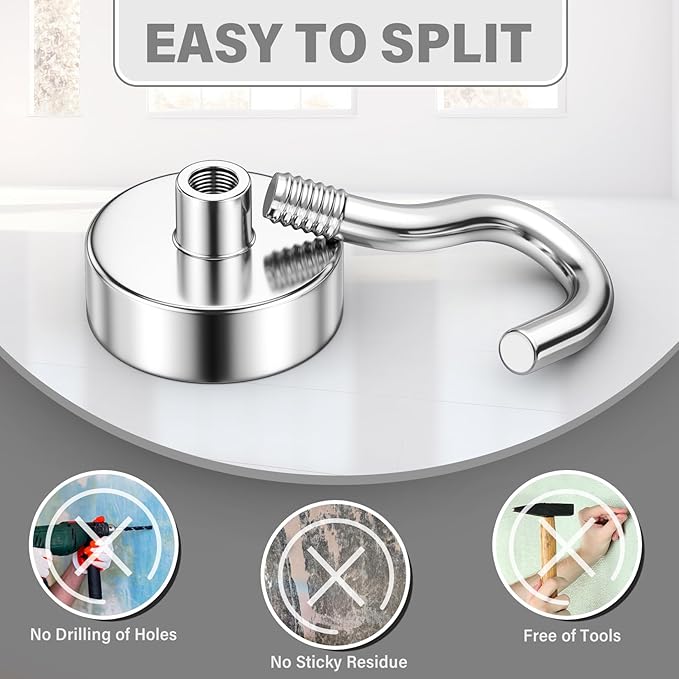 100Pack Heavy Duty Magnetic Hooks, 25 lbs Strong Neodymium Magnet Hooks for Hanging Mugs, Magnetic Key Holder for Fridge, Magnet with Hook for Cruise, Grill, Fridge - Silver
