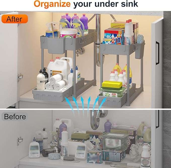 Under Sink Organizer, Bathroom Organizers and Storage, 2 Tier Multi-Use Pull Out Cabinet Organizer with Hang Hooks and Cups (Gray, 4 Pack)