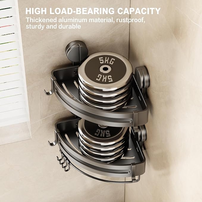 VOLPONE Shower Caddy Suction Cup, 1 Pack Corner Shower Shelves No Drilling, Showers Organizer Storage with Towel Bar & Removable Hooks, Bathroom Shower Shelf Rack for Inside Showers, Triangle