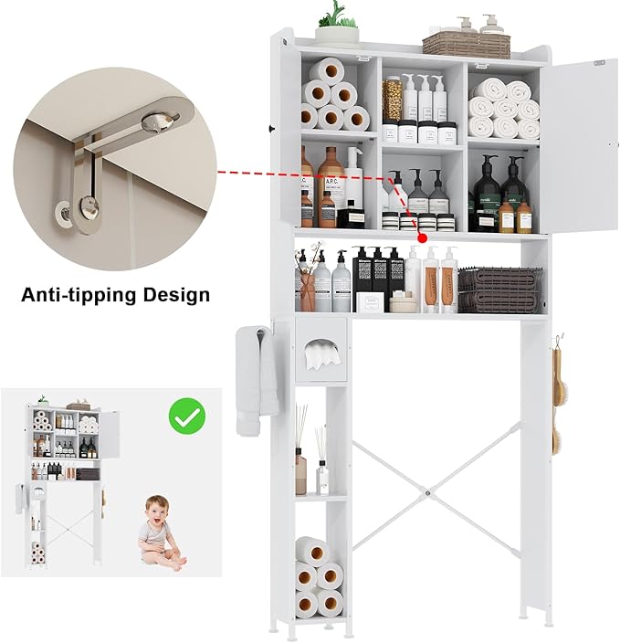 EasyCom Over The Toilet Storage Cabinet with Metal Frame and 7 Storage Shelves, Bathroom Organizer with Adjustable Shelves and Paper Holder, Farmhouse Storage Cabinet for Bathroom, Laundry, White