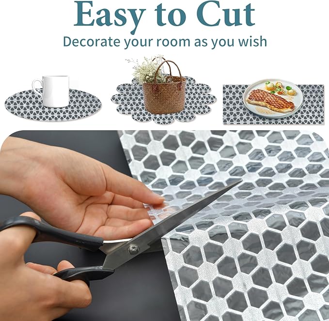 Drawer and Shelf Liner for Kitchen Cabinet: 12 in X 20 Ft Non Slip Waterproof Shelf Paper Non Adhesive Refrigerator Liners Silver Square Easy Liners for Bathroom with Knife Tape Measure