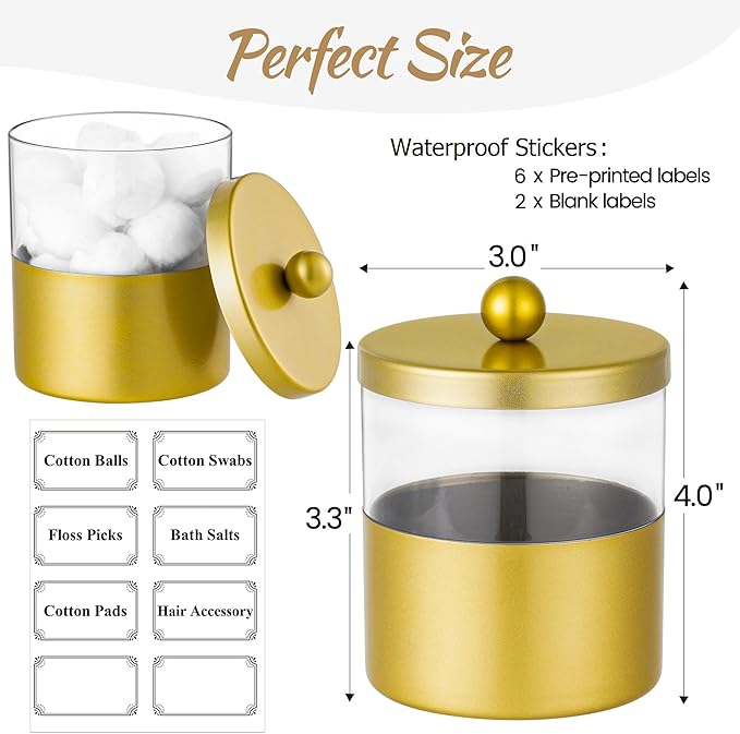 Gaussra Gold Qtip Holder, Apothecary Jars - Stainless Steel Bathroom Jar with Stickers - Farmhouse Decor Qtip Dispenser for Qtips, Cotton Balls, Swabs, Makeup Sponges (2-Pack)