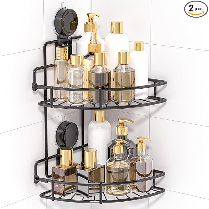Shower Caddy Suction Cup, 2 Pack Suction Shower Shelf, NO-Drilling Bathroom Holder, Rustproof Bathroom Organizer for 90° Wall Corner, Black
