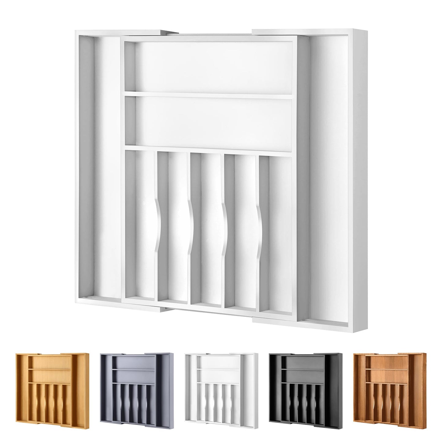 oridom Expandable Bamboo Kitchen Drawer Organizer for Cutlery and Utensils, Adjustable Bamboo Wood Cutlery Tray in Drawer for Flatware and Silverware in Kitchen, (White)