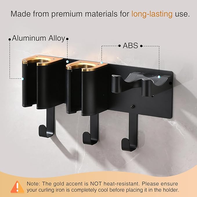 Hair Dryer Holder Wall Mount, Curling Iron Holder, 3 in 1 Hair Tool Organizer for Bathroom Vanity, Hair Straightener Holder, Aluminum Alloy (Hair Tools Not Included)