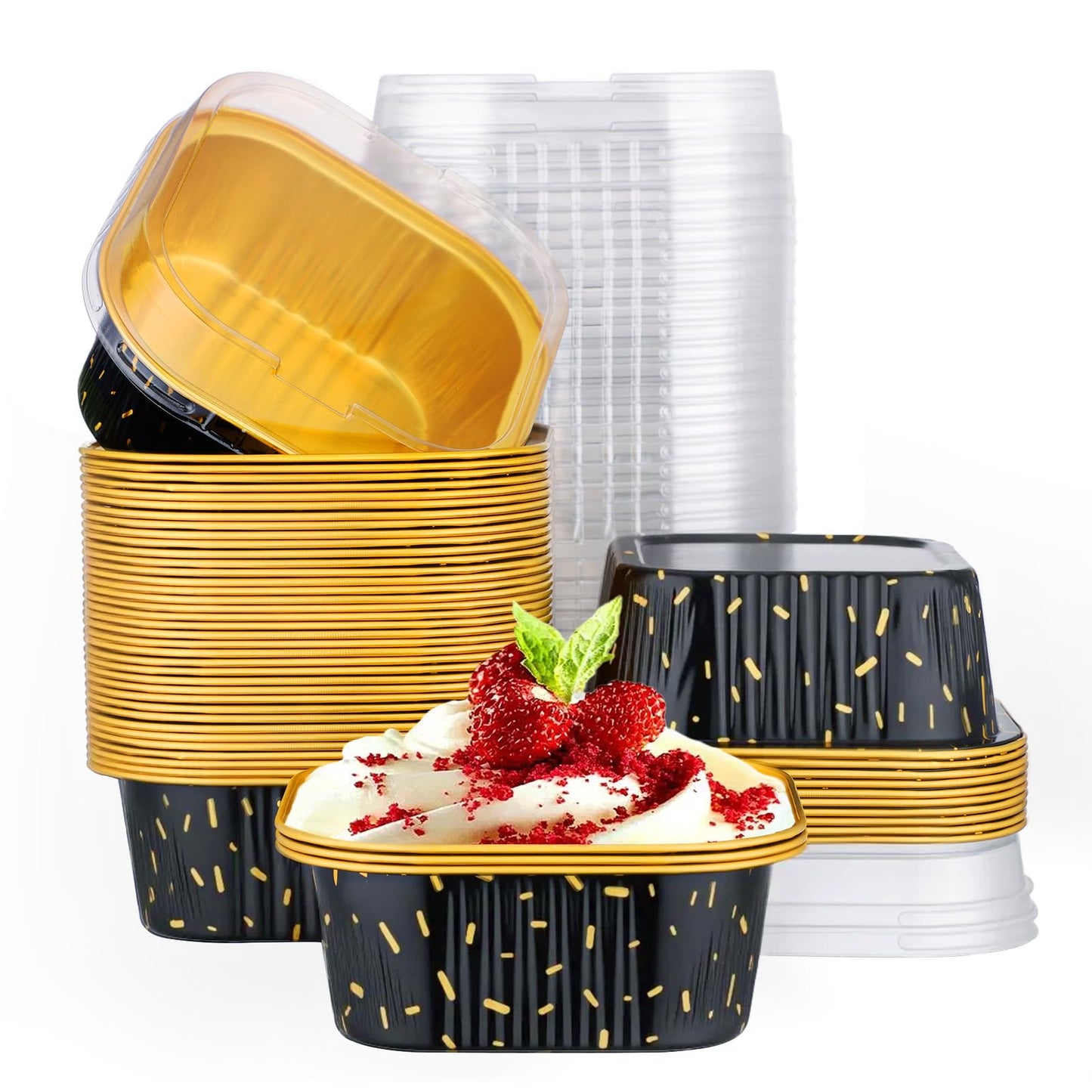EUSOAR Creme Brulee Ramekins Disposable, 50pcs 10oz Cupcake Liners Foil Baking Cups with Lids, Aluminum Muffin Cups Square Dessert Wrappers Mini Cake Loaf Bread Pans for Wedding Birthday Party
