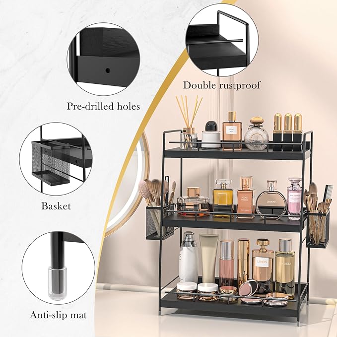 Bathroom Counter Organizer,Bathroom Countertop Organizer with Baskets,Vanity Organizers,Counter Shelf,Countertop Storage, Makeup Organizers(Black)