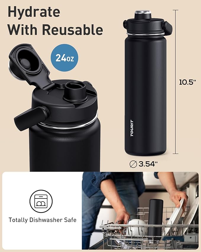 TOURIT 24 oz Insulated Water Bottle, Stainless Steel Sports Water Bottles With Top Handle, Double-Wall Travel Thermal Water Flask, BPA Free Leakproof Water Bottle for Sports and Travel, Black