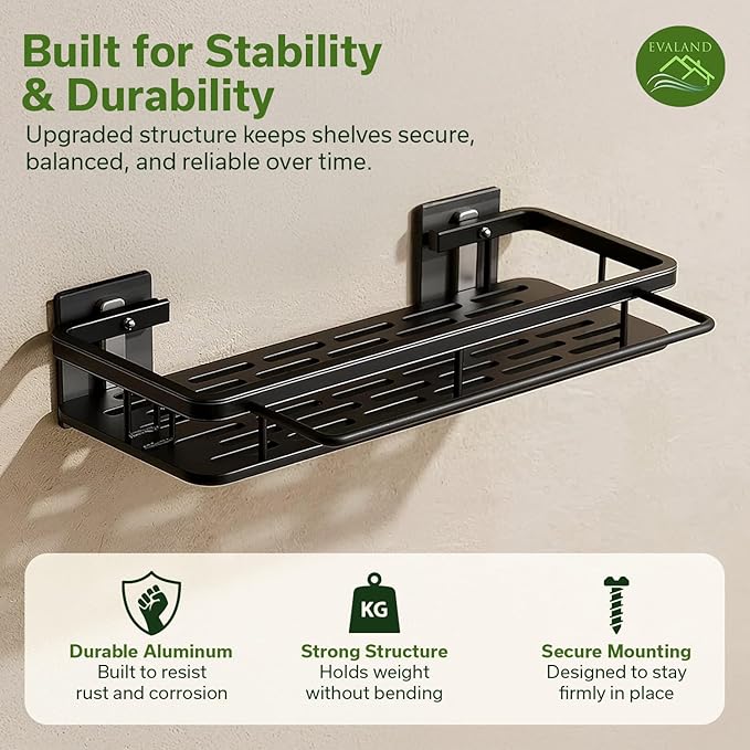 EVALAND Shower Caddy Adhesive 2-Pack with Hooks and Rod for Towels, Black – Premium Bathroom Shower Shelves, Shampoo Organizer, Bathtub Shelf, Rustproof, Easy Installation, Sturdy Modern Look