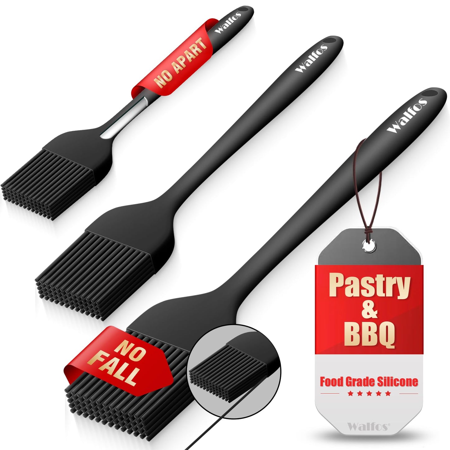 Walfos 3 Size Basting Brush, 600°F High Heat Resistant Silicone Pastry Brushes for BBQ, Baking, Kitchen Cooking, Desserts- BPA Free&Dishwasher Safe