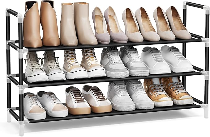 SONGMICS 3-Tier Shoe Rack, Shoe Storage for Hallway Closet, Slim and Space-Saving, Metal Frame, Non-Woven Fabric Shelves, Black ULSH053B01