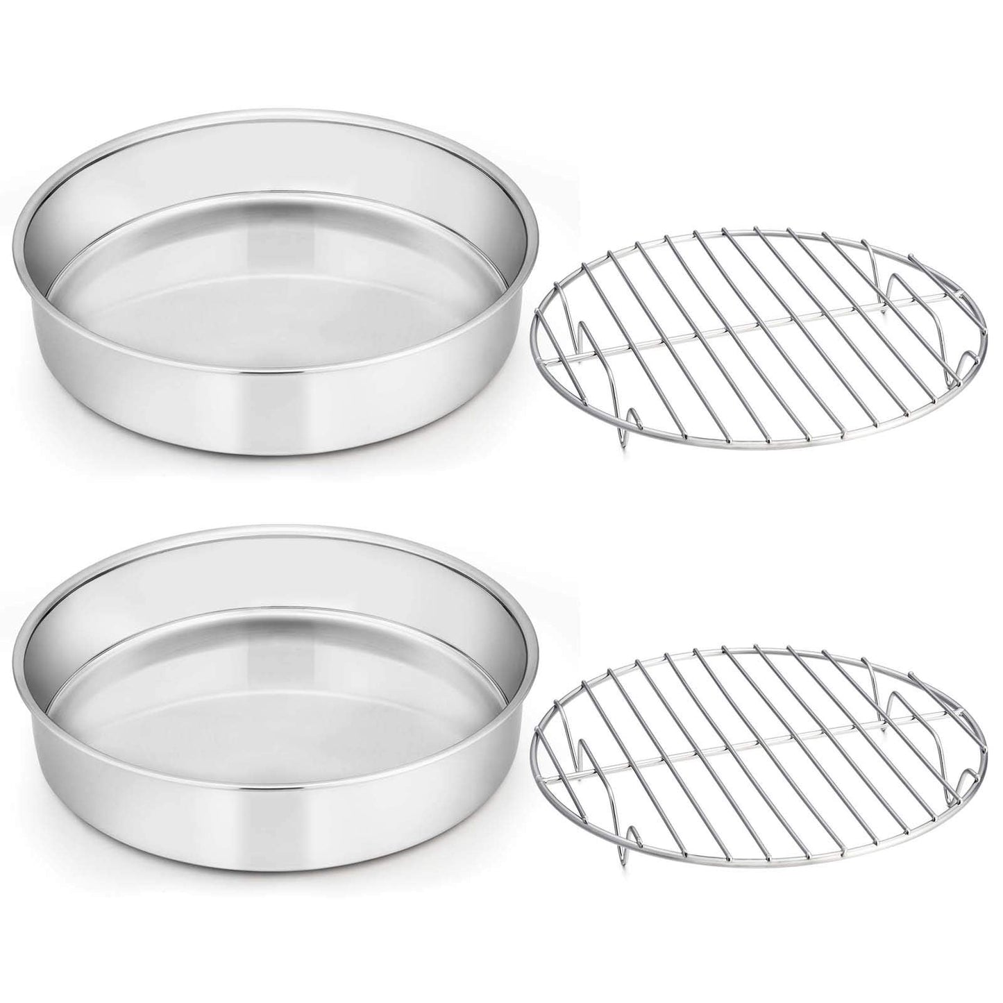 E-far 9½-inch Cake Pan with Rack Set, Stainless Steel Round Cake Pans and Baking Cooling Racks, Non Toxic & Healthy, Mirror Polished & Dishwasher Safe - 4 Pieces (2 Pans + 2 Racks)