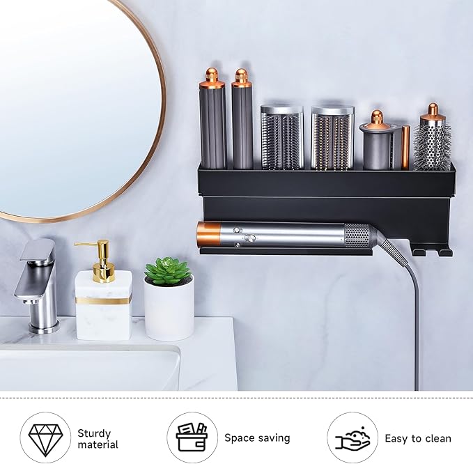 Storage Hair Dryer Holder for Curling Iron Accessories, Hair Tool Organizer Wall Mount, Curling Iron Holder Organizer, Bathroom Hair Straightener Holder Stand for Styler Attachments Organizer, Black