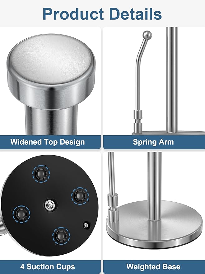 SMARTAKE Paper Towel Holder, Paper Towel Dispenser Standing Weighted Base Non Slip, Spring Arm for Easy Tear, Stainless Steel Paper Towel Holder for Home Kitchen Countertop Tabletop, Silver
