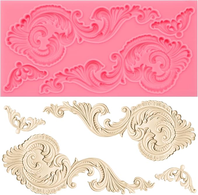 Baroque Decorative Silicone Fondant Mold, Vintage Floral Scroll Pattern, Pink