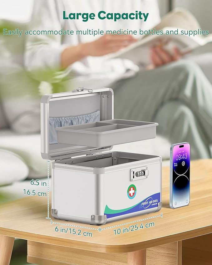 Uniclife Medicine Lock Box First Aid Box with Combination Lock & Handle Portable Medication Metal Lockable Medicine Storage Box Security Lock Box for Medications, 10" x 6" x 6.5"