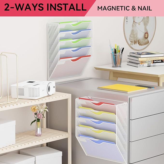 5-Tier Magnetic File Holder, No Drilling Wall File Organizer, File Folder Bins, Mail & Magazine Rack, Magnetic Paper Document Holder for Refrigerator File Cabinets Whiteboard, White