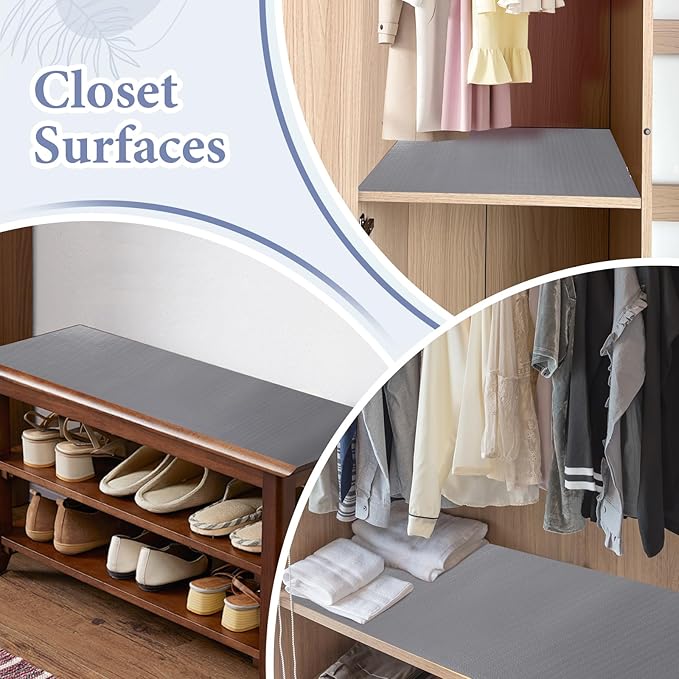 Drawer and Shelf Liner for Kitchen Cabinet: 12 in X 20 Ft Non Slip Waterproof Shelf Paper Non Adhesive Refrigerator Liners Gray Easy Liners for Bathroom Cupboard with Knife Tape Measure
