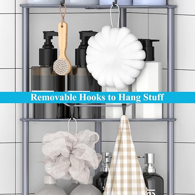 3 Tier Floor Standing Corner Shower Caddy Organizer Shelf with Hooks, Bathroom Shelves Stand Rack, Dark Gray